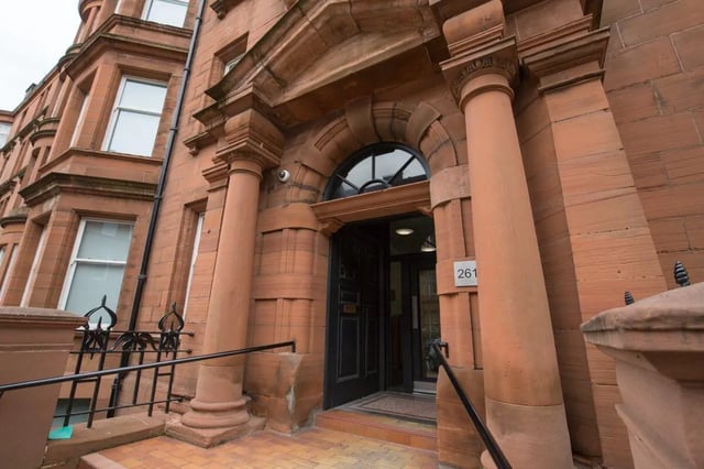 Entrance with number 261 and large columns exterior at The Ballet School in Glasgow Student Accommodation