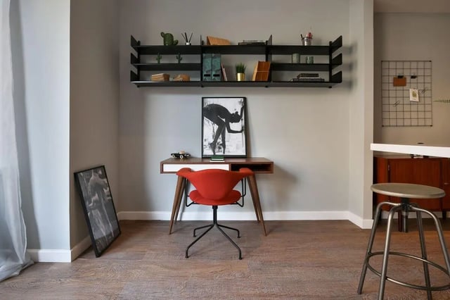 Desk with red chair and shelves Study Area at The Ballet School in Glasgow Student Accommodation