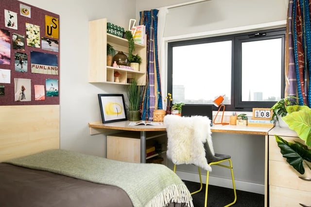 Bed desk shelf plants window bedroom study area at Phoenix Court in Bristol Student Accommodation