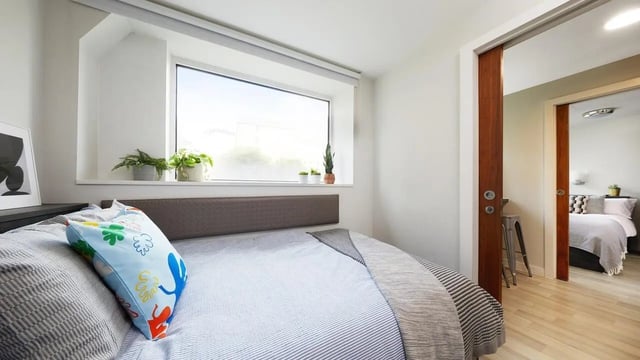 Bed with colorful pillow window plants and door bedroom at Collegiate Tower in Bristol Student Accommodation