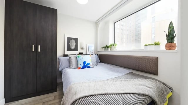 Dark wardrobe bed with plants Bedroom at Collegiate Tower in Bristol Student Accommodation