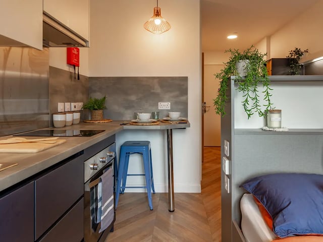 Kitchenette and bed with plants and stool kitchen at Yugo Belaton House in Bournemouth Student Accommodation