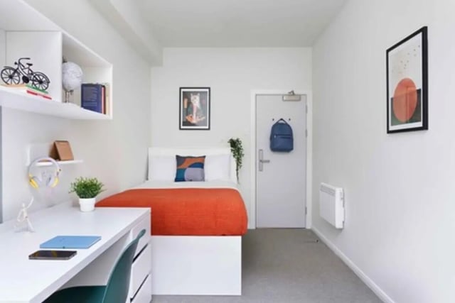 Bed desk and shelves student accommodation bedroom at Culver House in Bristol Student Accommodation