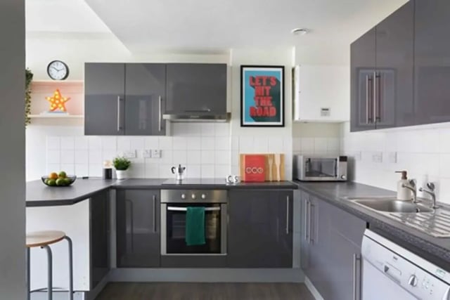 Modern grey cabinets oven microwave sink dishwasher kitchen at Culver House in Bristol Student Accommodation