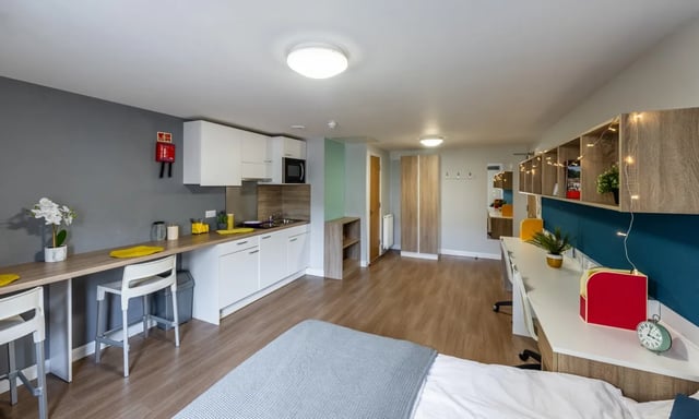 Kitchen counter bar and study desks living room at Haddington Place in Edinburgh Student Accommodation