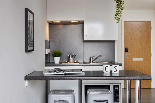 Counter with mugs plant microwave stools kitchen at Asa Briggs House in Leeds Student Accommodation