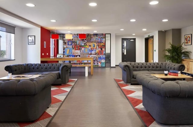 Tufted sofas wood table colorful wall living room at Asa Briggs House in Leeds Student Accommodation
