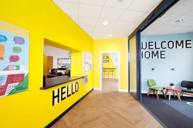 Hello sign and chairs lobby area at Broadcasting Tower in Leeds Student Accommodation