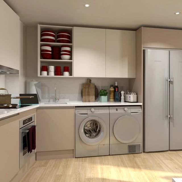 Stacked bowls fridge washing machine kitchen at Broadcasting Tower in Leeds Student Accommodation