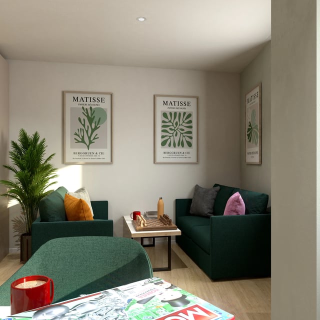 Matisse art green sofas coffee table living room at Broadcasting Tower in Leeds Student Accommodation