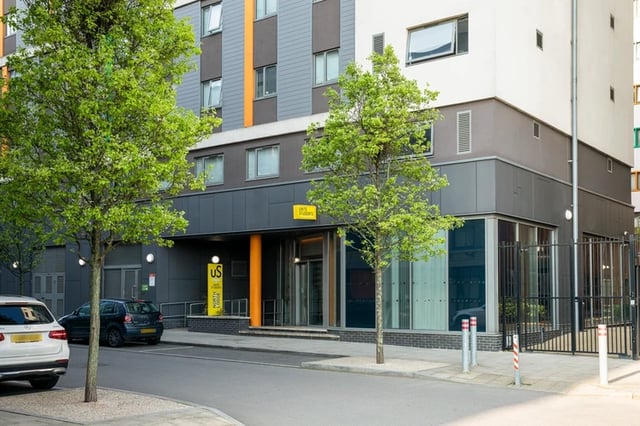 Modern student accommodation building entrance exterior at North Lodge in London Student Accommodation