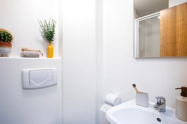 Toilet cistern and sink with toothbrushes Bathroom at Somerset Court in London Student Accommodation
