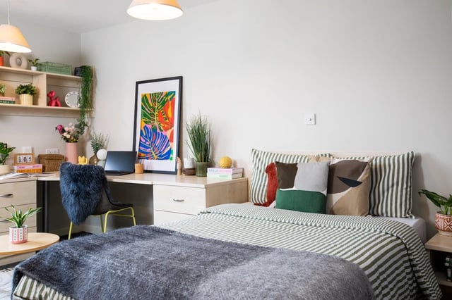 Bed desk chair artwork and shelves bedroom at Somerset Court in London Student Accommodation