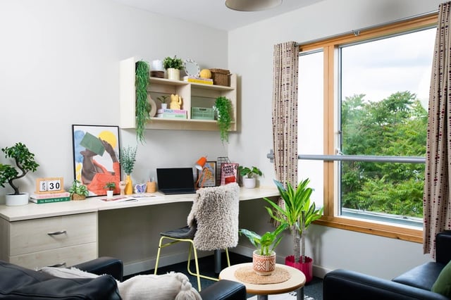 Desk with laptop plants and artwork study area at Somerset Court in London Student Accommodation