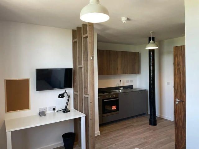 Desk television and kitchen unit studio at Silk Mill Lancaster in Lancaster Student Accommodation