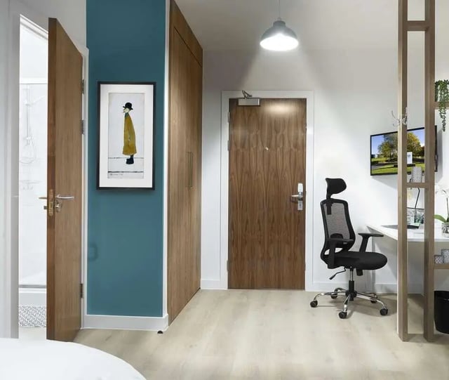 Painting wooden doors desk chair television study area at Silk Mill Lancaster in Lancaster Student Accommodation