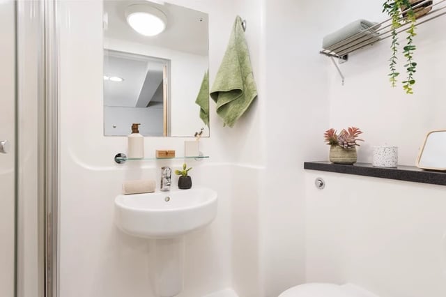 Sink mirror towels and plants bathroom at Manor Bank in Newcastle Upon Tyne Student Accommodation