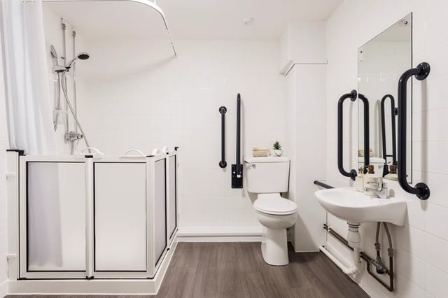Accessible shower toilet sink with grab bars bathroom at Manor Bank in Newcastle Upon Tyne Student Accommodation