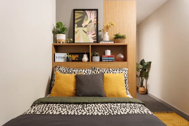 Bed with headboard shelves and plants Bedroom at Manor Bank in Newcastle Upon Tyne Student Accommodation