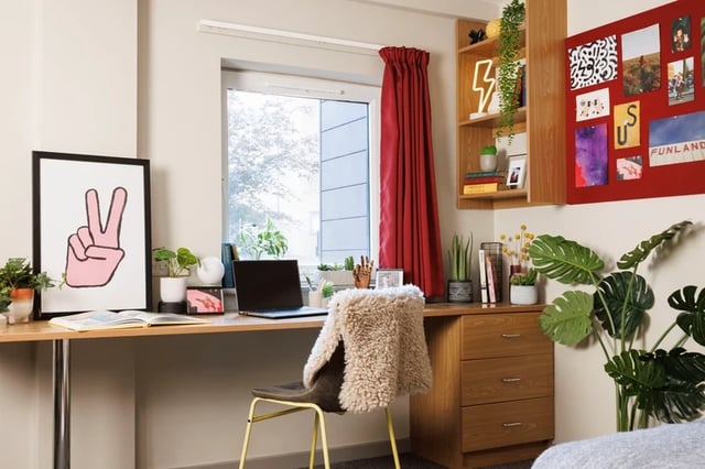Desk with laptop framed art and plants study area at Manor Bank in Newcastle Upon Tyne Student Accommodation