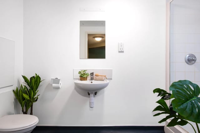 Toilet sink plants and shower stall bathroom at Elizabeth Croll House in London Student Accommodation