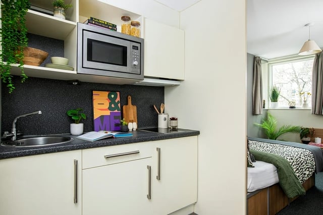 Kitchen area with microwave sink and bedding at Elizabeth Croll House in London Student Accommodation