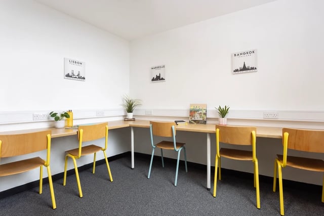 Wooden desks with chairs and plants study area at Magnet Court in Newcastle Upon Tyne Student Accommodation