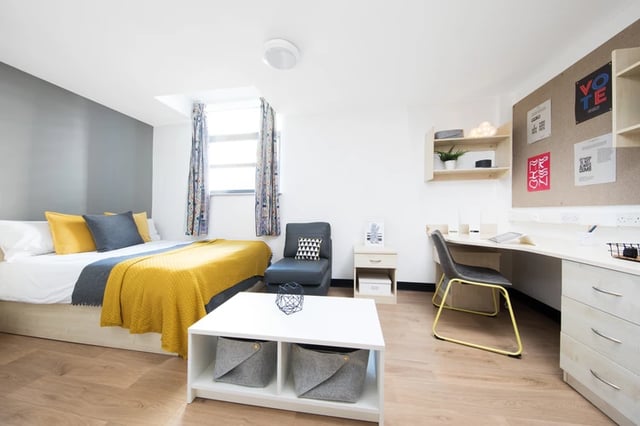Bed desk chair and corkboard student room at Magnet Court in Newcastle Upon Tyne Student Accommodation