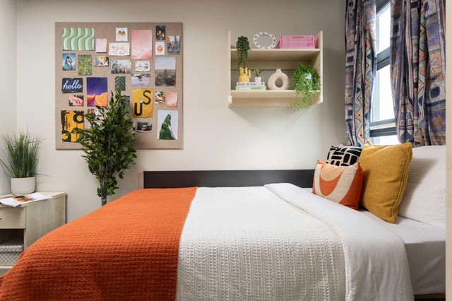 Corkboard plant pillows on bed bedroom at Magnet Court in Newcastle Upon Tyne Student Accommodation