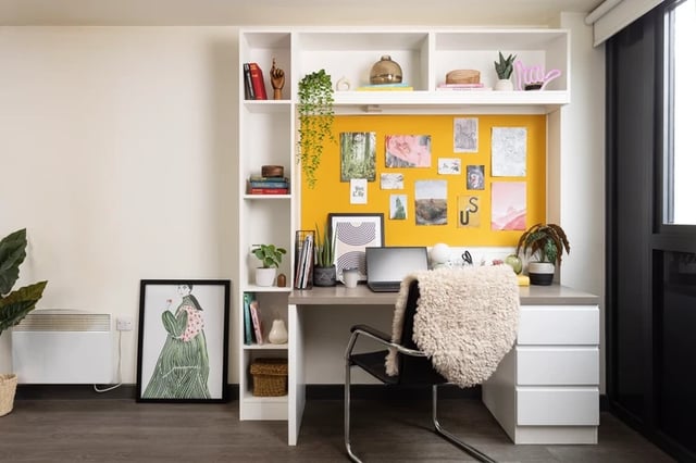 Desk with laptop shelves artwork study area at Leadmill Point in Sheffield Student Accommodation