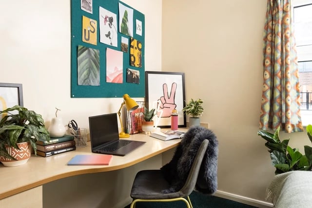 Desk with laptop plants and artwork study area at Leadmill Point in Sheffield Student Accommodation