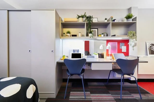 Desk with laptop plants shelves and chairs study area at The Moor in Sheffield Student Accommodation