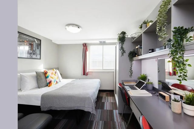 Bed desk plants and pillows student room bedroom at The Moor in Sheffield Student Accommodation