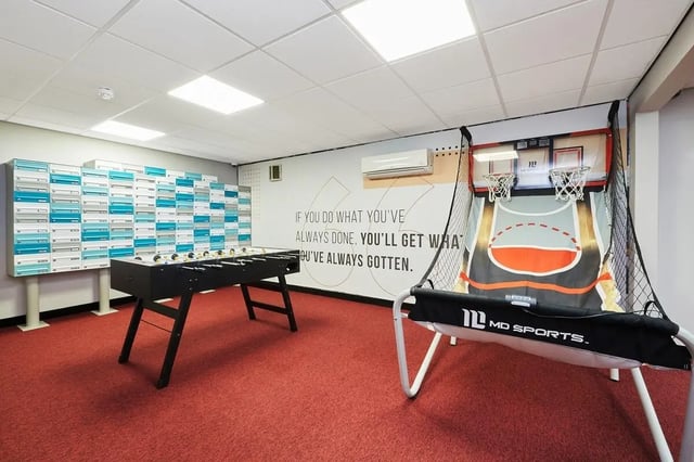 Foosball table basketball game mailboxes common area at The Moor in Sheffield Student Accommodation