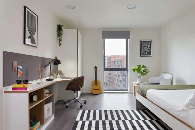 Desk bed guitar window artwork and rug bedroom at Sharman Court in Sheffield Student Accommodation
