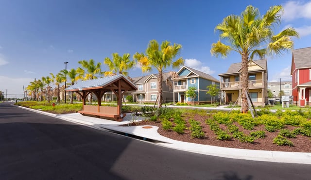 Townhouses with palm trees and covered seating area exterior at The Retreat West in Orlando Student Accommodation