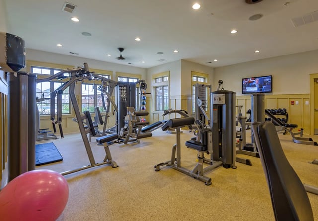 Gym equipment and pink exercise ball gym at The Retreat West in Orlando Student Accommodation