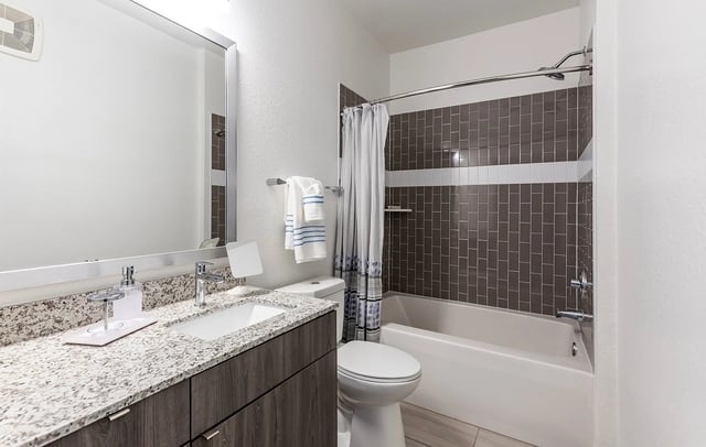 Vanity toilet shower curtain and bathtub bathroom at Vale East in Orlando Student Accommodation