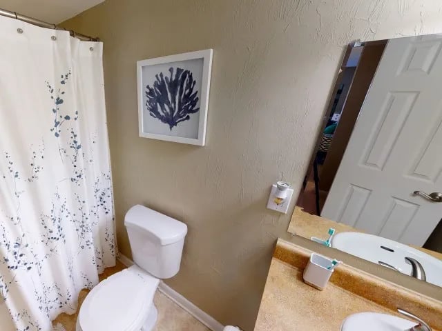 Toilet shower curtain framed art bathroom at Seminole Flatts in Tallahassee Student Accommodation