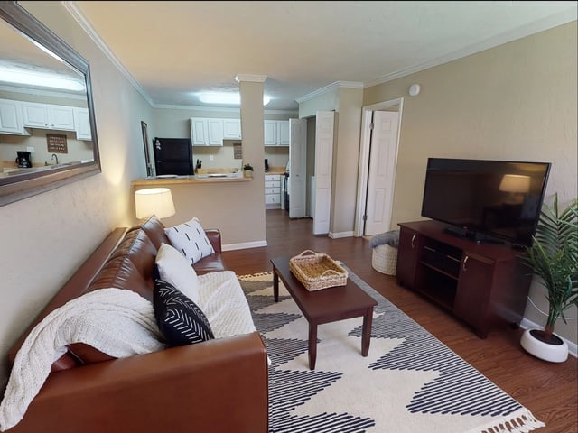 Brown couch coffee table rug TV living room at Seminole Flatts in Tallahassee Student Accommodation
