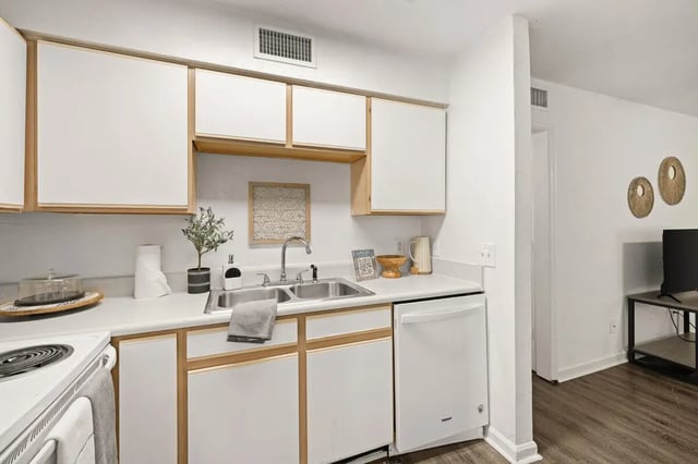 White cabinets double sink and dishwasher kitchen at Villa Reanna in Tallahassee Student Accommodation