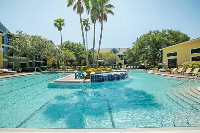Swimming pool with palm trees and lounge chairs exterior at The Verge Orlando in Orlando Student Accommodation