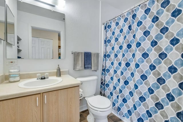 Toilet sink and shower curtain bathroom at The Landing at Appleyard in Tallahassee Student Accommodation