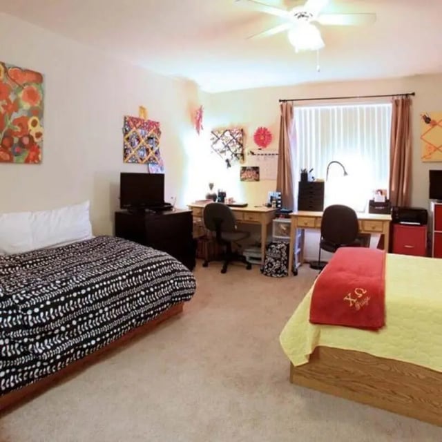 Two beds desks chairs and artwork bedroom at Windsor Hall in Gainesville Student Accommodation