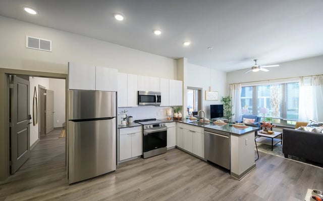 Modern kitchen island stainless steel appliances living room. at The Metropolitan Tallahassee in Tallahassee Student Accommodation