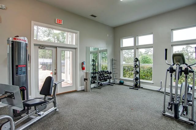 Weight machines dumbbells exercise ball racks gym at The Premier Townhomes at 1694 in Tallahassee Student Accommodation