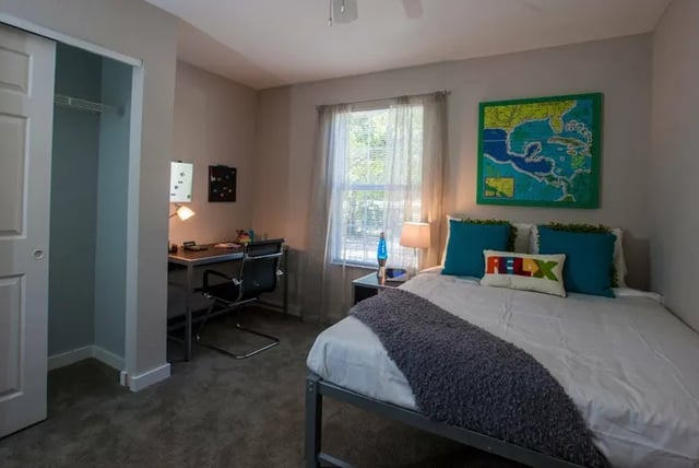 Bed desk closet and map bedroom at Boulevard Tallahassee in Tallahassee Student Accommodation