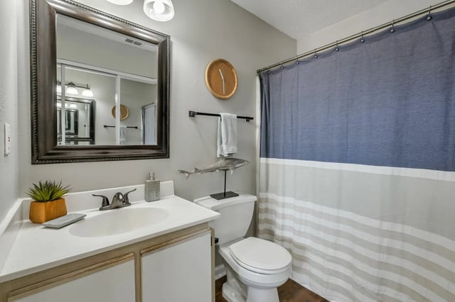 Sink toilet shower curtain striped bathroom at Polo Club Tallahassee in Tallahassee Student Accommodation