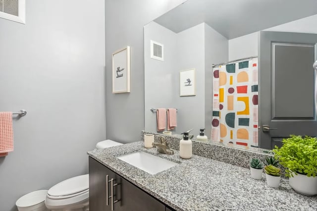 Granite vanity sink with toilet and colorful shower curtain Bathroom at Oktiv in Tallahassee Student Accommodation