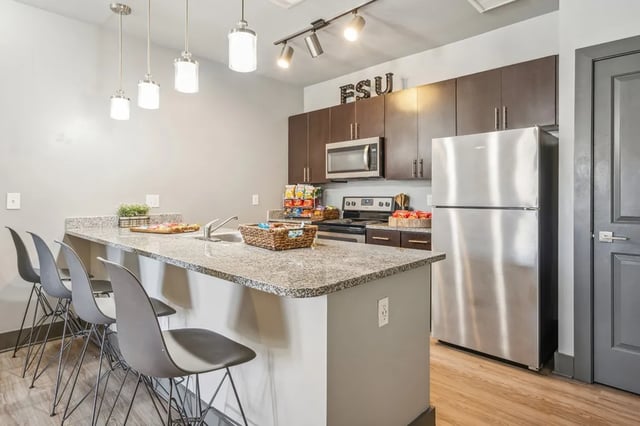Kitchen counter with stools stainless steel appliances kitchen at Oktiv in Tallahassee Student Accommodation